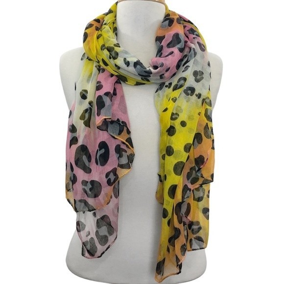 Pink Orange Yellow Leopard Print Lightweight Wide Wrap Scarf - Picture 1 of 6